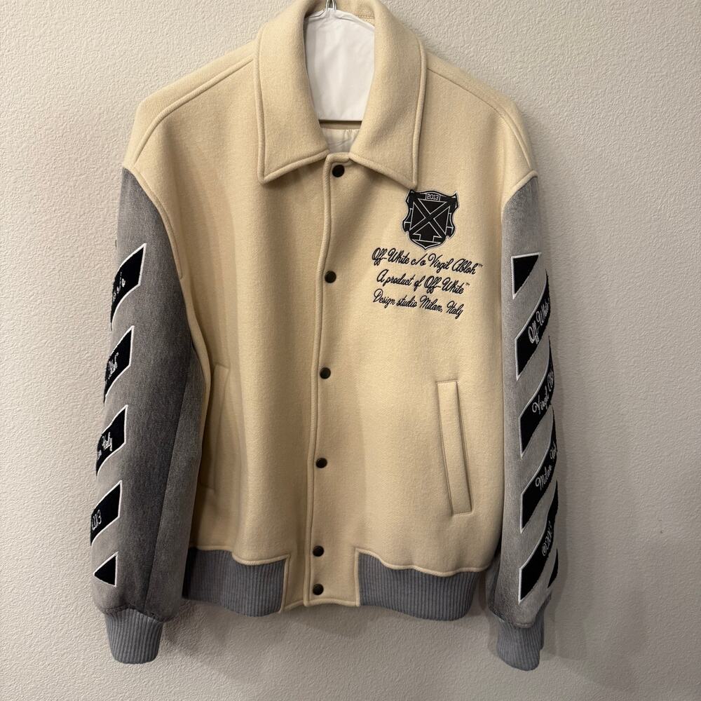 Off-White Relaxed Varsity Jacket Cream Wool Grey Denim Sleeves SS26 Size IT 52